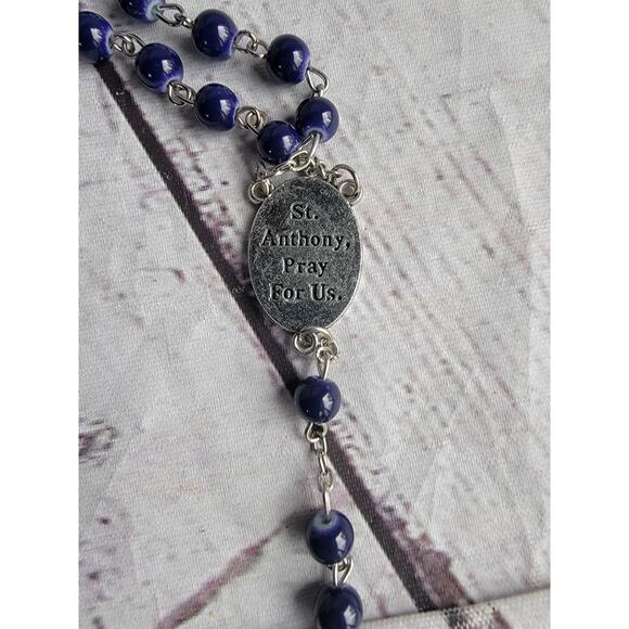Vintage Blue Glass Silver Tone Rosary Infant Christ St Anthony prayer Beads - Picture 4 of 9